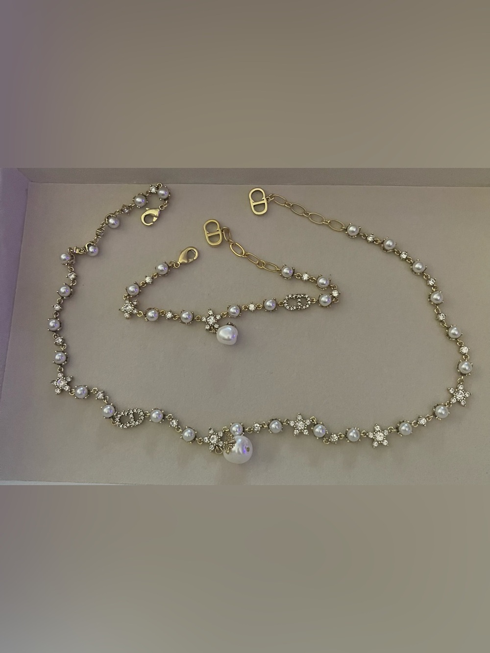 Gold-Tone Pearl & Crystal Station Necklace and Bracelet Set - White Pearls